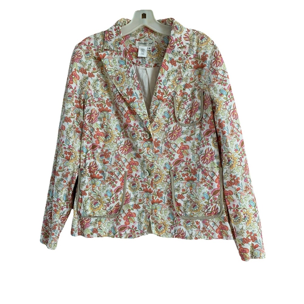 Coldwater Creek Women Blazer Size S White Floral Design Cotton